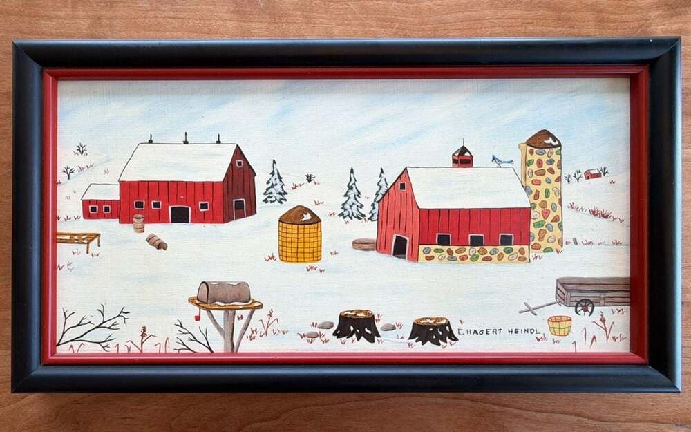 Elsie Hagert Heindl "Winter‎ Landscape" Original Oil on Board Folk Art Painting